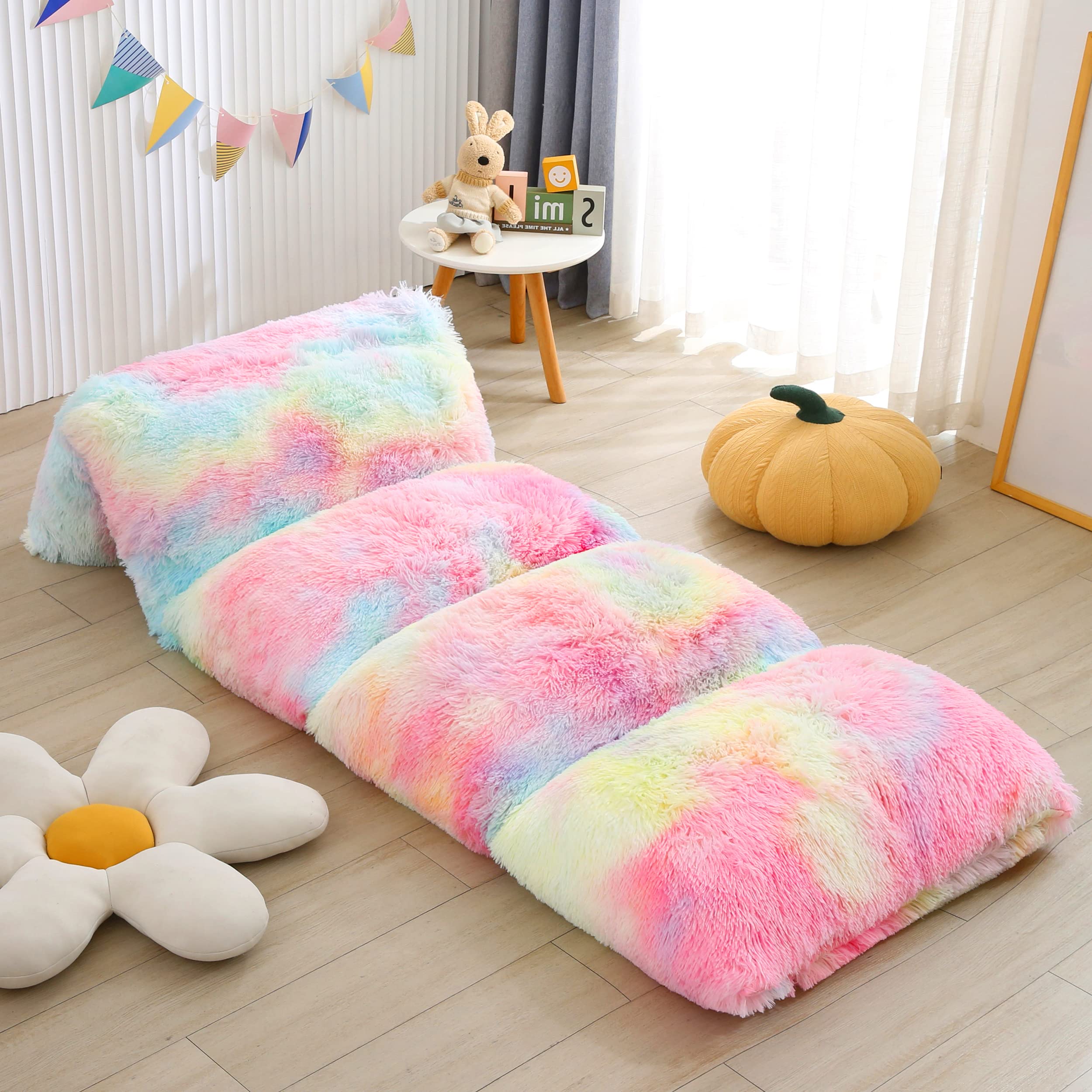 Mengersi Velvet Floor Pillows,Faux Fur Tie Dye Pillow Bed Floor Lounger Cover,Sleeping Mat for Girls Teen Toddler,Pillow Lounger for Reading Playing Games Party,Requires 5 Pillows(King,Pink)