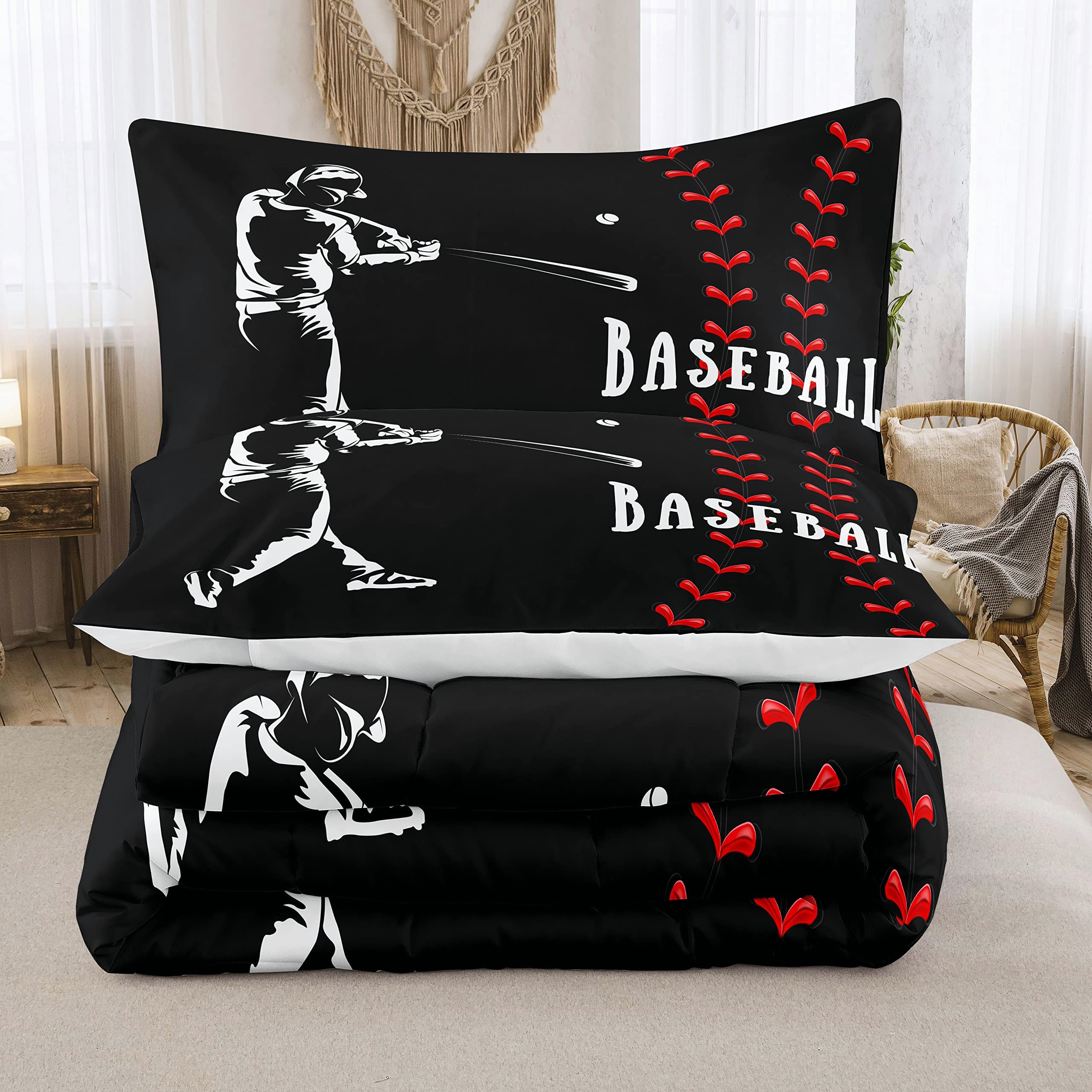 MWMWMW Boys Queen Comforter Set, Sports Theme Baseball Bedding Set for Kids Girls Teens, 3 PCs Soft Microfiber Baseball Player Blanket, 1 Comforter with 2 Pillowcases