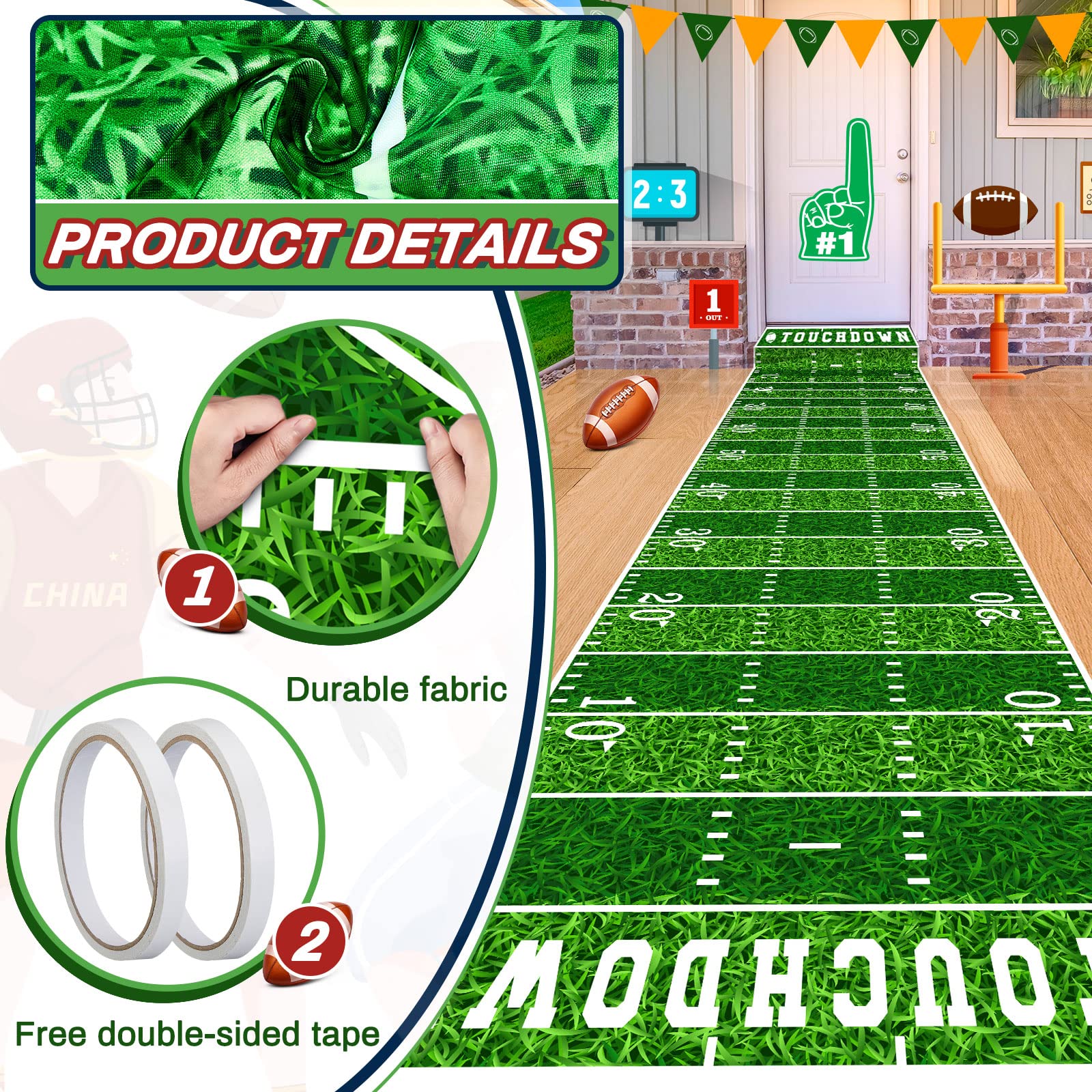 Boao Football Party Supplies 10 ft Football Party Field Aisle Runners Football Tablecloth Touchdown Floor Runners for Game Day Party Football Field Sign Supplies, 24 x 120 Inch (8 Pieces)