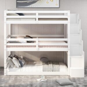 Harper & Bright Designs Wood Triple Bunk Bed with Storage Staircase, Wooden Floor Bunk Beds 3 Beds in 1 for Kids, Detachable Triple Bed Can Convertible into Twin Bunk Beds & Loft Bed, White