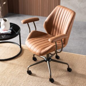 ovios Ergonomic Office Chair, Comfy Leather Chair with Swivel Rolling Wheels, Mid-Century Modern Computer Desk Chair for Home Executive, Brown