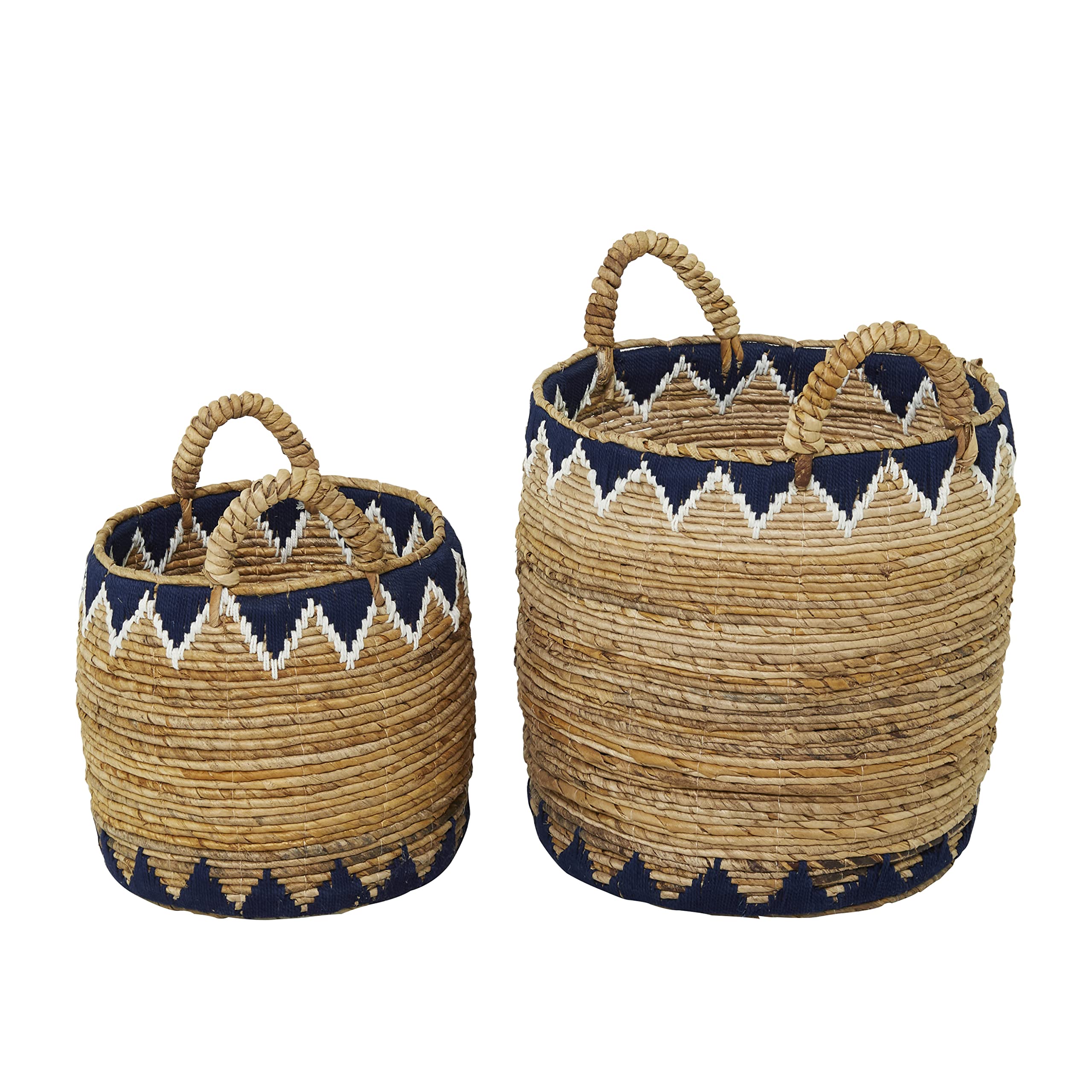 Deco 79 Banana Leaf Handmade Decorative and Functional Storage Basket Triangle Details Basket Organizer with Handles, Set of 2 Basket for Storage 19", 15"H, Brown