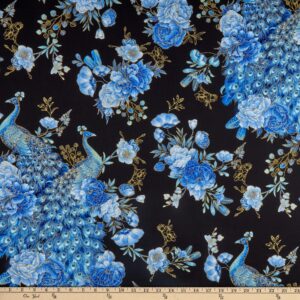 timeless treasures metallic royal plume peacocks & florals black fabric by the yard