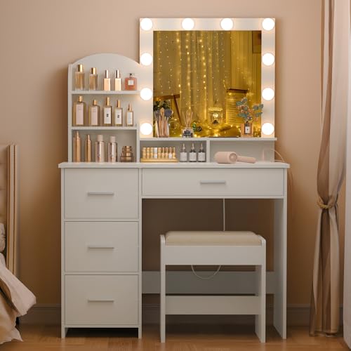 Quimoo Makeup Vanity with 10 Light Bulbs and Charging Station, Vanity Desk with Lighted Mirror & 4 Drawers Chest, Vanity Set, Vanity Table Set with Cushioned Stool, for Bedroom,White