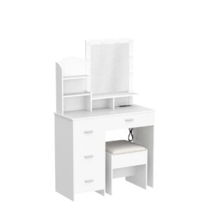 Quimoo Makeup Vanity with 10 Light Bulbs and Charging Station, Vanity Desk with Lighted Mirror & 4 Drawers Chest, Vanity Set, Vanity Table Set with Cushioned Stool, for Bedroom,White