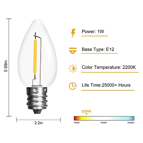 Jslinter 25Pack C7 LED String Light Bulbs Replacement, 1W(11W Equivalent), 60LM, 2200K Warm White, Shatterproof, E12 Screw Base, Vintage Edison Bulbs for Patio Garden