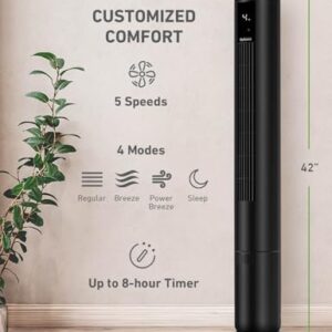 HOLMES 42" Digital Tower Fan, ClearRead Display, 90° Oscillation, 5 Speeds, 4 Modes, 8-Hour Timer, Home, Bedroom or Office, Remote Control, Matte Black