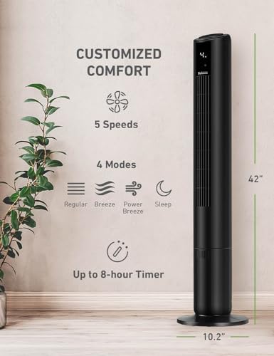 HOLMES 42" Digital Tower Fan, ClearRead Display, 90° Oscillation, 5 Speeds, 4 Modes, 8-Hour Timer, Home, Bedroom or Office, Remote Control, Matte Black