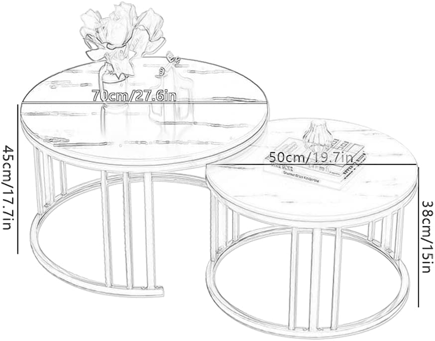 QLJJSD Round Nesting Coffee Table Set of 2 Modern Cocktail Table with Metal Frame for Living Room Small Spaces White and Gold(Desktop Size 28"+20")