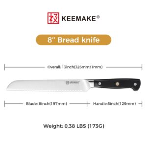 KEEMAKE Bread Knife 8 Inch, Serrated Knife for Sourdough Bread, High Carbon Stainless Steel Razor Sharp Bread Slicing Knife, Professional Cutting Knife for Homemade Bread, Bagels, Cake