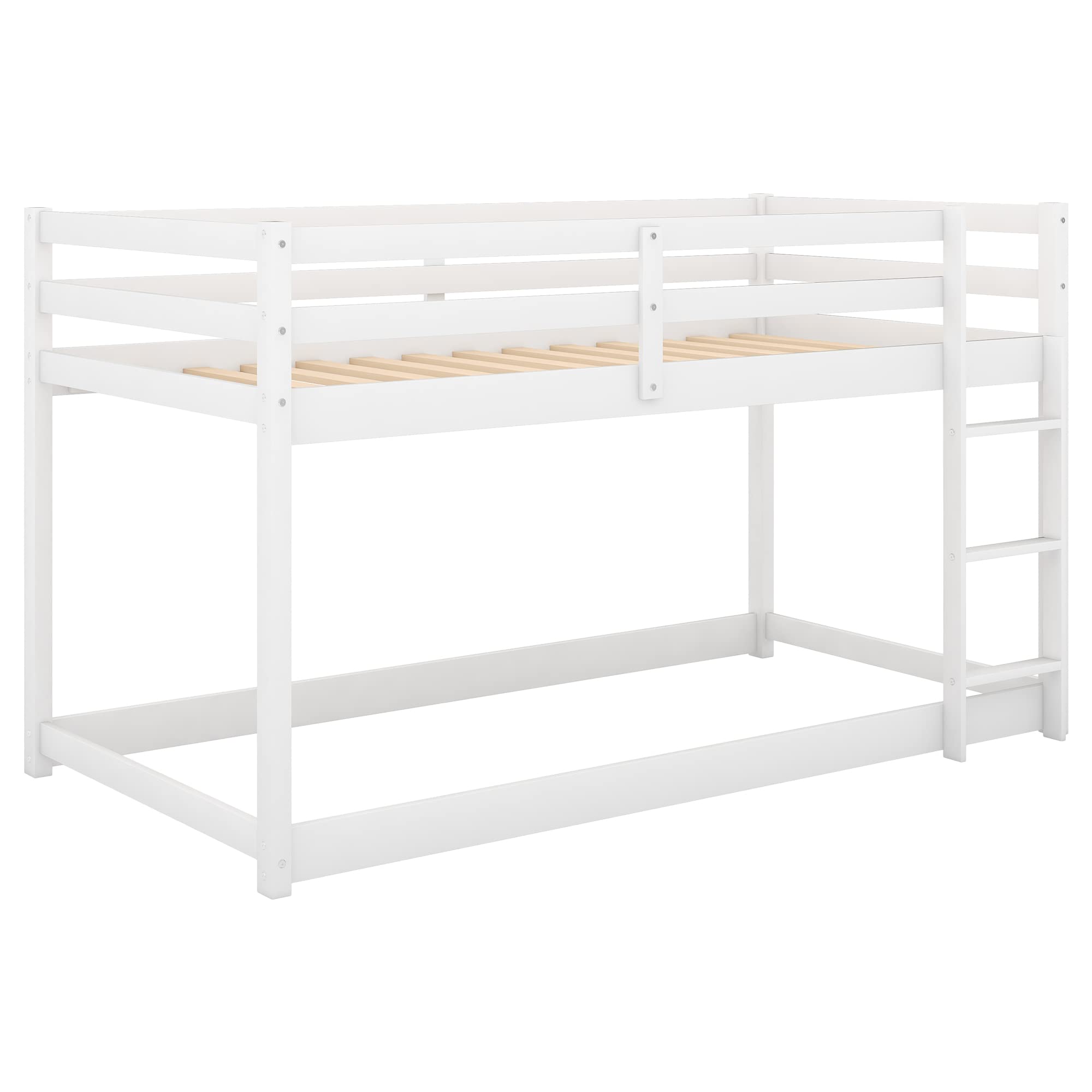 ZJIAH Solid Wood Twin Over Twin Floor Bunk Bed w Ladder, Safety Guard Rails, Wooden Twin Bunk Beds for Teens/Adults, Low Bed Frame Bedroom Furniture, No Box Spring Required, White