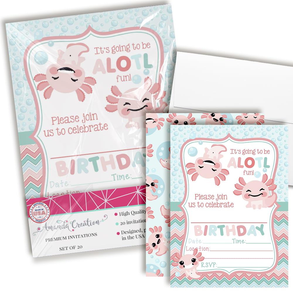 Amanda Creation Axolotl Birthday Party Invitations, 20 5x7 Fill-In Cards with Twenty White Envelopes