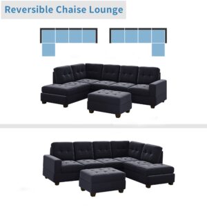 P PURLOVE Modern Sectional Sofa, Reversible Sectional Sofa with Storage Ottoman, L Shaped Couch Set with Reversible Chaise and Two Cup Holders, for Living Room Apartment, Black