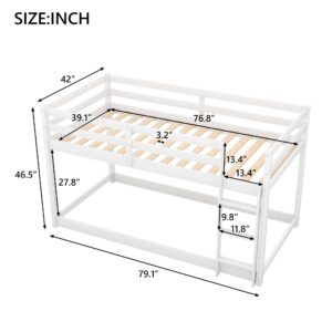 ZJIAH Solid Wood Twin Over Twin Floor Bunk Bed w Ladder, Safety Guard Rails, Wooden Twin Bunk Beds for Teens/Adults, Low Bed Frame Bedroom Furniture, No Box Spring Required, White