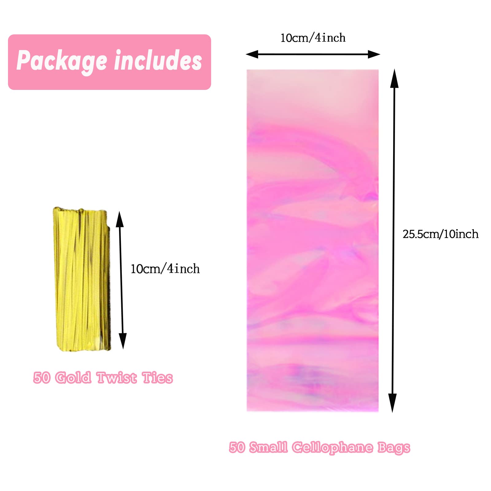 50pcs Iridescent Holographic Cellophane Bags,4x10inches Candy Treat Bags Party Favor,Cookie Goodie Bags with 50pcs Gold Twist Ties for Baby Showers Weddings Birthday Christmas Thanksgiving Halloween