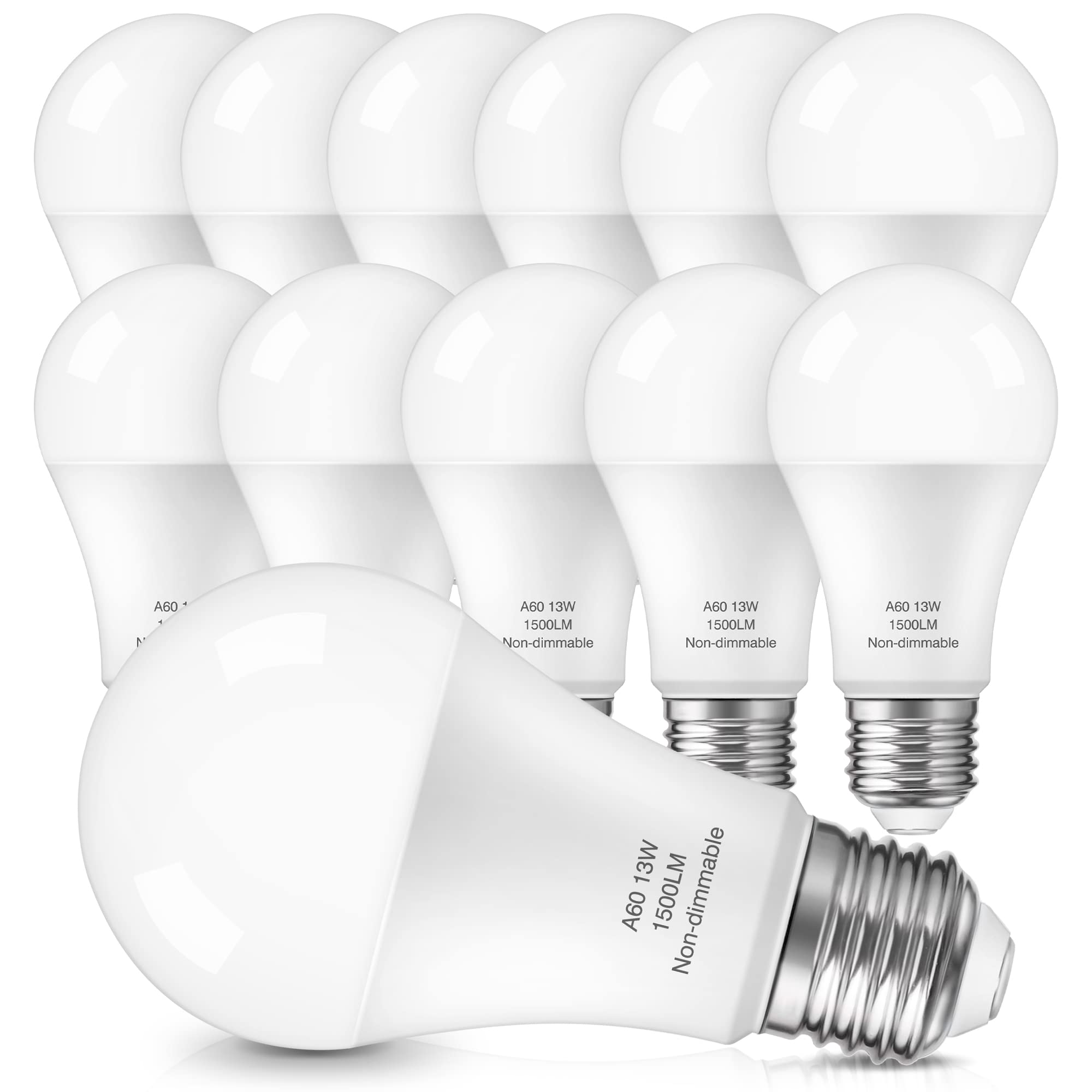 Nouscan LED Light Bulbs 100 Watt Equivalent, Daylight White 5000K, 13W LED Bulb A19, 1500 Lumens, Standard E26 Base, Energy Saving, Energy Saving Lightbulbs, Non-dimmable, 12 Pack