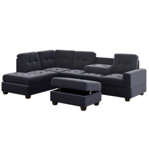 P PURLOVE Modern Sectional Sofa, Reversible Sectional Sofa with Storage Ottoman, L Shaped Couch Set with Reversible Chaise and Two Cup Holders, for Living Room Apartment, Black