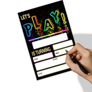 SHLINCO Glow Let's Play birthday party invitations for boys girls, Neon Party Invites for kids, Double Sided Design(20 Cards + Envelopes)