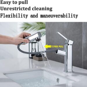 Bathroom Faucets with Pull Down Sprayer Single Handle Pull Out Bathroom Faucet Chrome Bathroom Sink Faucet Stainless Steel Bathroom Faucets Suitable for Hot and Cold Water