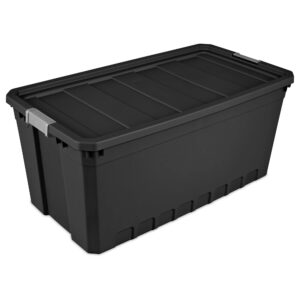 sterilite 50-gallon large stackable rugged industrial storage tote container with gray latching clip lid for garage, attic, worksite, or camping