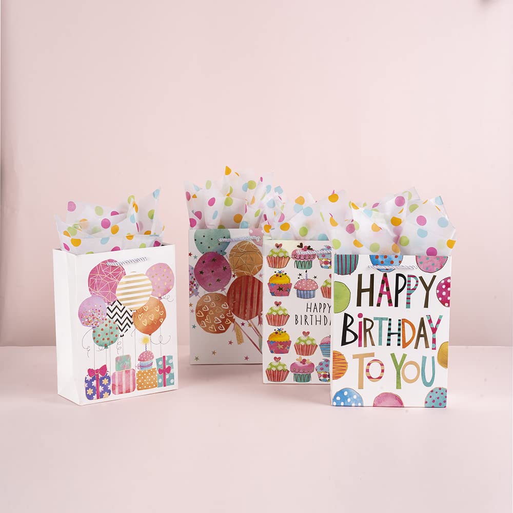 OfficeCastle Small Birthday Gift Bags with Colorful Tissue Paper (Gold Hearts) | 7x4x9 Inch, 4 Pack Birthday Bags for Newborns/Kids/Men/Women