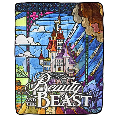 Disney Beauty and The Beast Stained Glass Enchanted Castle Plush Throw Blanket 46' x 60'