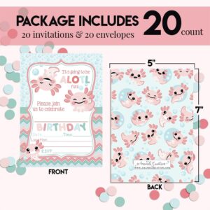 Amanda Creation Axolotl Birthday Party Invitations, 20 5x7 Fill-In Cards with Twenty White Envelopes