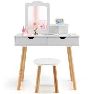 HONEY JOY Kids Vanity, Toddler Dressing Table & Chair for Bedroom, 2 Storage Drawer & Square Mirror, Princess Makeup Vanity Set for Little Girls Age 3+, Wood Girls Vanity Set w/Stool (White)