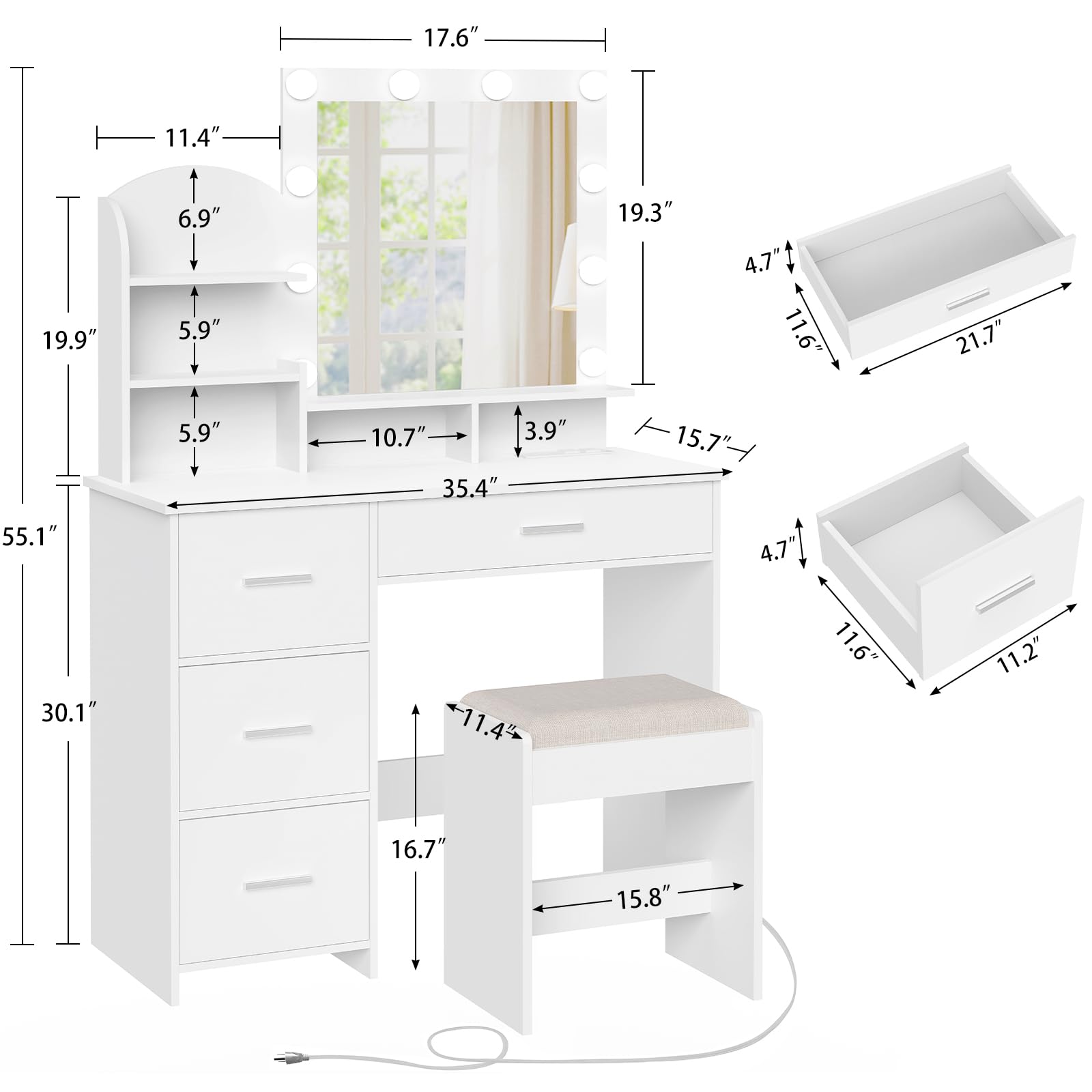 Quimoo Makeup Vanity with 10 Light Bulbs and Charging Station, Vanity Desk with Lighted Mirror & 4 Drawers Chest, Vanity Set, Vanity Table Set with Cushioned Stool, for Bedroom,White