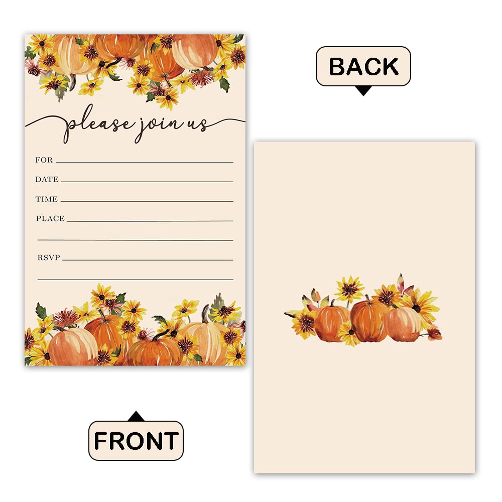 REWIDPARTY Thanksgiving Party Invitation Cards with Envelopes（Set of 15） Food Feast Invites for Family Friends Fall Invitations with Pumpkin and Florals Birthday Bridal Party Fill-in Invitation cards