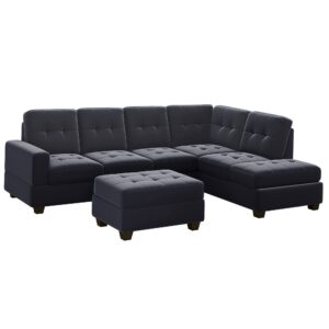 P PURLOVE Modern Sectional Sofa, Reversible Sectional Sofa with Storage Ottoman, L Shaped Couch Set with Reversible Chaise and Two Cup Holders, for Living Room Apartment, Black