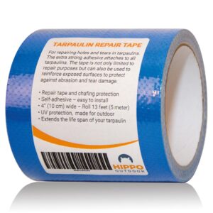 hippo outdoor tarpaulin repair tape - heavy duty repairs duck tape, blue duct tape, uv protected and waterproof, protect against chafe wear and tear 16 ft tape roll (1250)