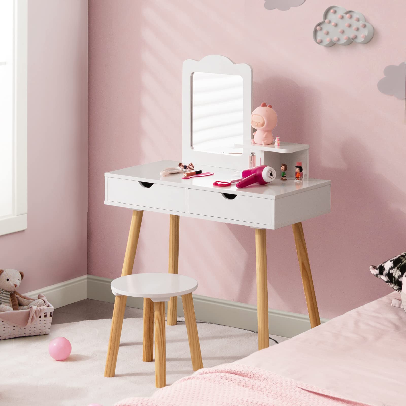 HONEY JOY Kids Vanity, Toddler Dressing Table & Chair for Bedroom, 2 Storage Drawer & Square Mirror, Princess Makeup Vanity Set for Little Girls Age 3+, Wood Girls Vanity Set w/Stool (White)