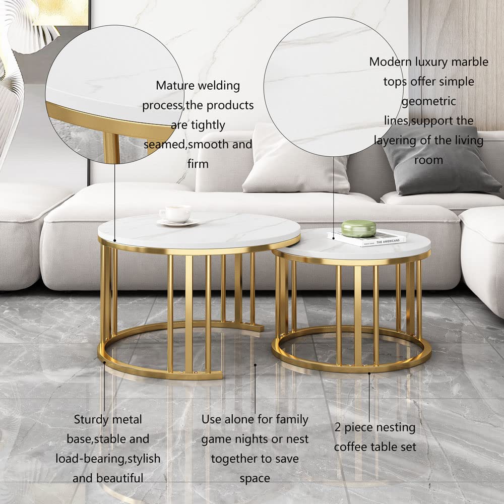 QLJJSD Round Nesting Coffee Table Set of 2 Modern Cocktail Table with Metal Frame for Living Room Small Spaces White and Gold(Desktop Size 28"+20")