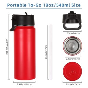 Volhoply 18oz Kids Insulated Water Bottle,Stainless Steel Water Bottles with Straw Lid,Wide Mouth Reusable Metal Thermos Water Bottle,Double Wall Vacuum Sports Travel Flask For Cold Drink(Red,1 Set)