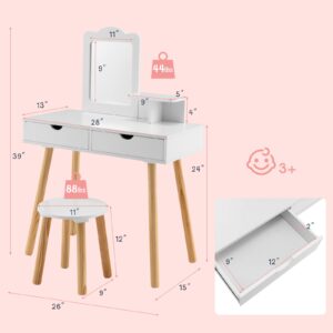 HONEY JOY Kids Vanity, Toddler Dressing Table & Chair for Bedroom, 2 Storage Drawer & Square Mirror, Princess Makeup Vanity Set for Little Girls Age 3+, Wood Girls Vanity Set w/Stool (White)