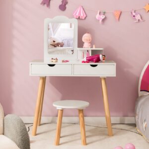 HONEY JOY Kids Vanity, Toddler Dressing Table & Chair for Bedroom, 2 Storage Drawer & Square Mirror, Princess Makeup Vanity Set for Little Girls Age 3+, Wood Girls Vanity Set w/Stool (White)