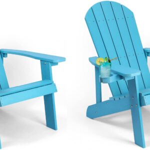 hOmeQomi Adirondack Chairs Set of 2, All Weather Resistant Plastic Chairs with Cup Holder, 5 Easy Steps to Install, Outdoor Chairs for Patio, Garden, Backyard Deck, Lawn, Fire Pit - Lake Blue