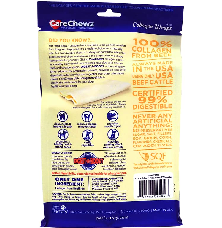 Pet Factory CareChewz Collagen 6-7" Large Wraps Dog Chew Treats - Natural Flavor, 2 Count/1 Pack