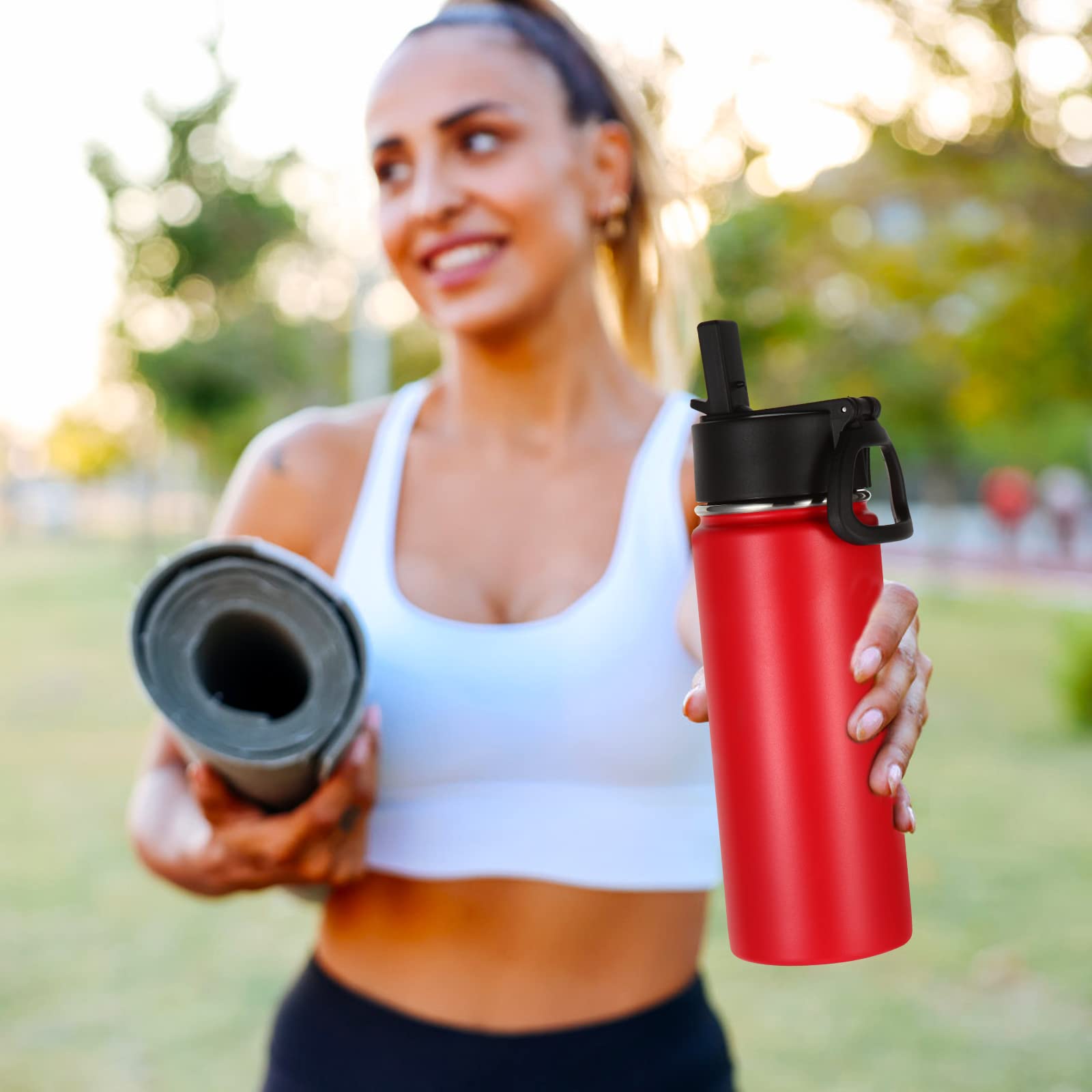 Volhoply 18oz Kids Insulated Water Bottle,Stainless Steel Water Bottles with Straw Lid,Wide Mouth Reusable Metal Thermos Water Bottle,Double Wall Vacuum Sports Travel Flask For Cold Drink(Red,1 Set)