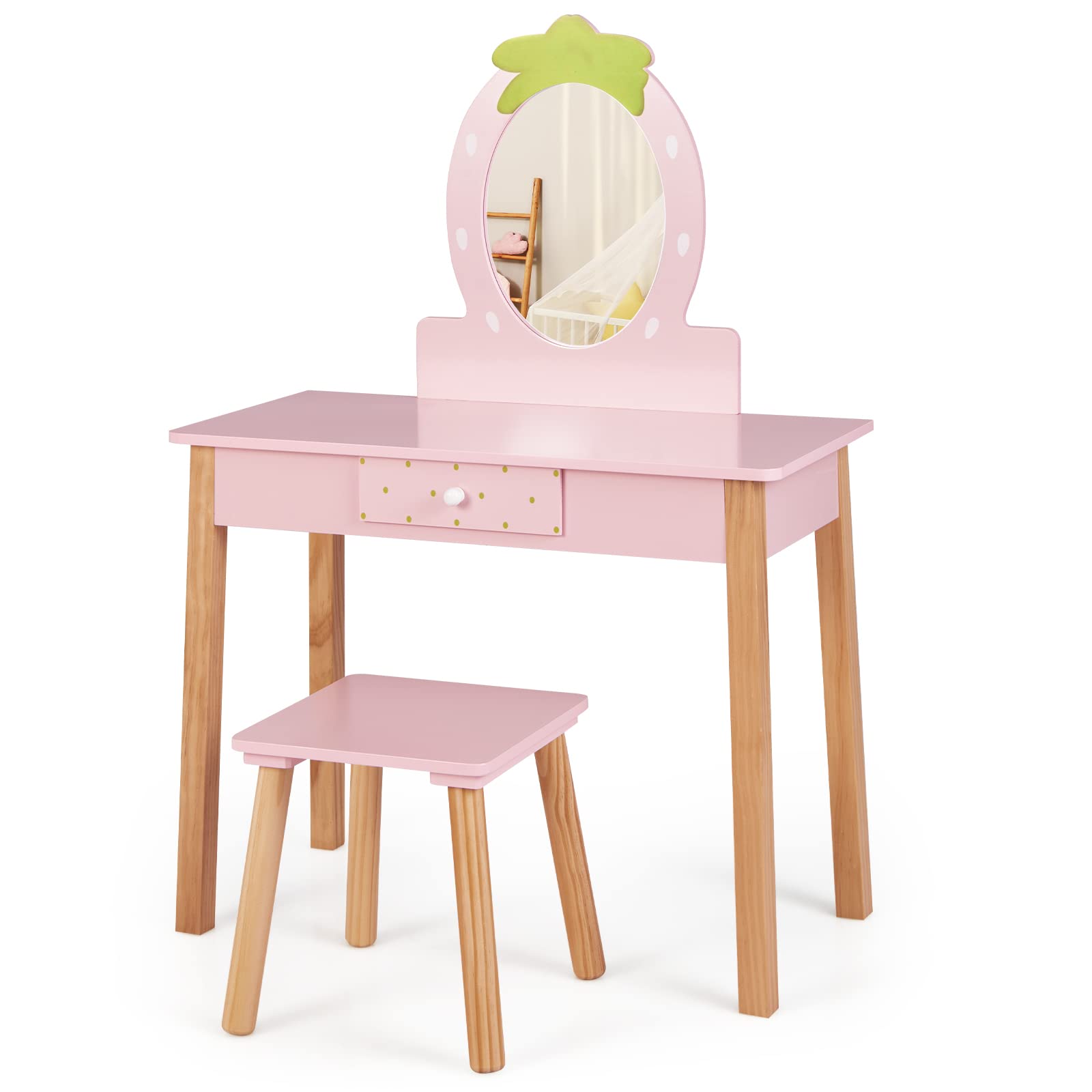 HONEY JOY Kids Vanity, Strawberry Themed Princess Makeup Vanity Set for Little Girls, Real Oval Mirror, Toddler Bedroom Dressing Table & Stool Set, Wooden Girls Vanity Set with Mirror and Stool, Pink