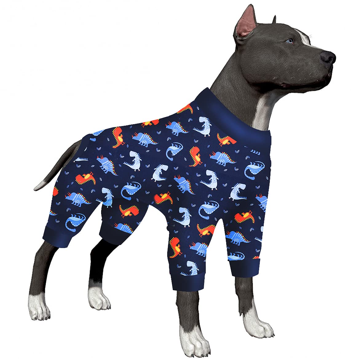 LovinPet Pitbull Pet Onesie, Comfy Lightweight Stretchy Fabric, Blue Dinosaurs Print, Sun Protection, Pet Anxiety Relief Shirt, Easy to Wear Dog Costume for Party,Blue White XL