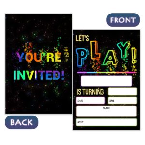 SHLINCO Glow Let's Play birthday party invitations for boys girls, Neon Party Invites for kids, Double Sided Design(20 Cards + Envelopes)