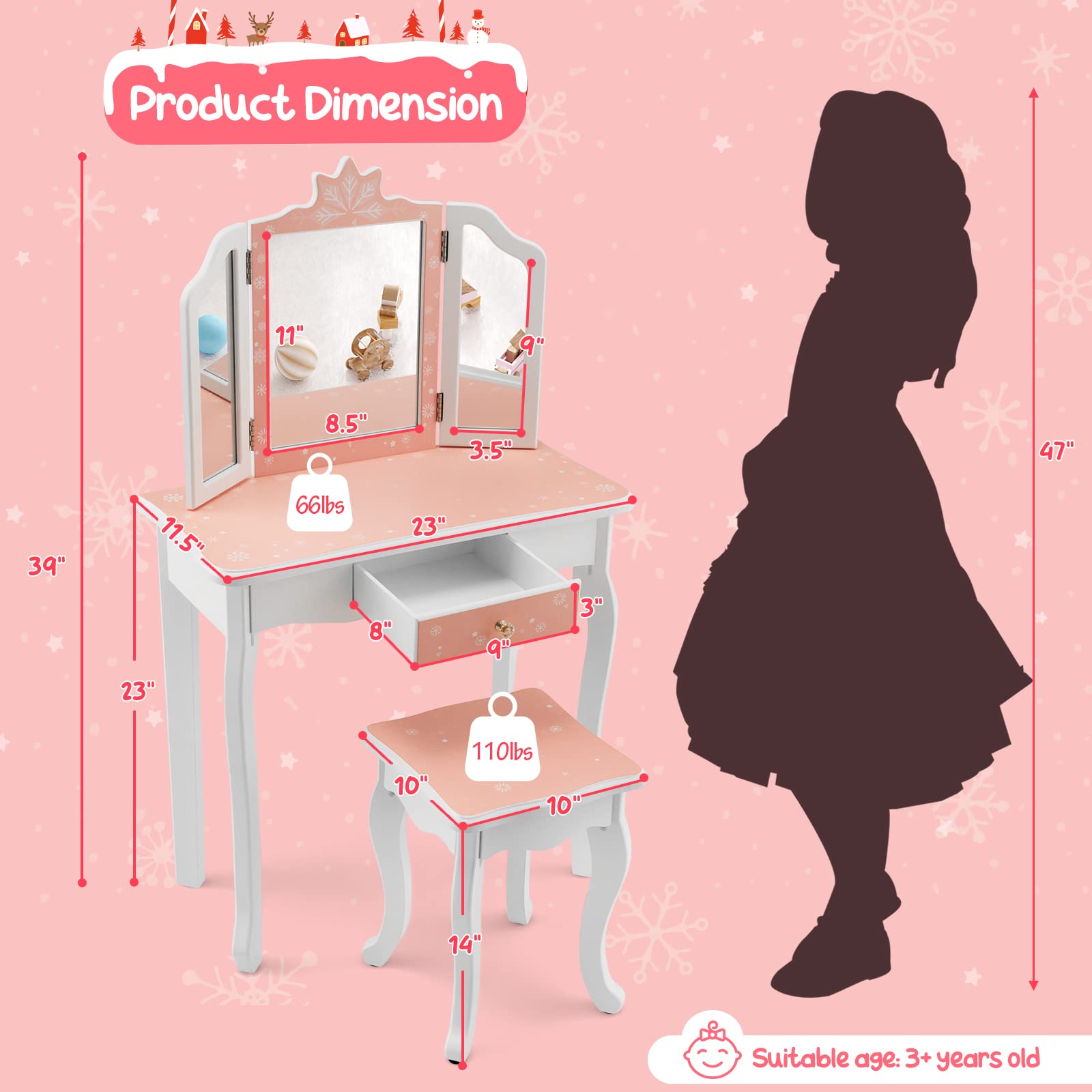 Costzon Kids Vanity Table and Chair Set, Girls Vanity Set with Mirror and Stool, Storage Drawer, Wooden Princess Makeup Dressing Table, Toddler Vanity, Pretend Play Vanity Set for Little Girls