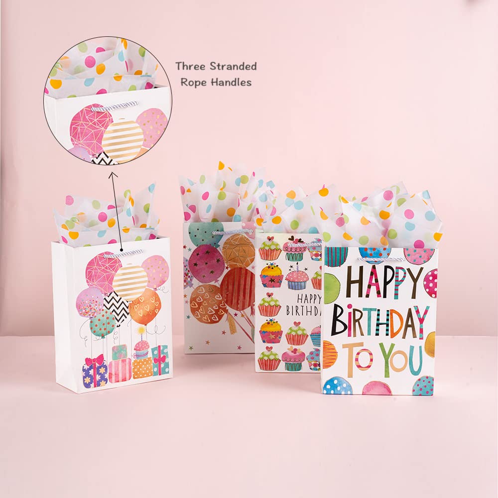 OfficeCastle Small Birthday Gift Bags with Colorful Tissue Paper (Gold Hearts) | 7x4x9 Inch, 4 Pack Birthday Bags for Newborns/Kids/Men/Women