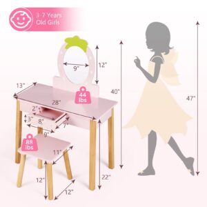 HONEY JOY Kids Vanity, Strawberry Themed Princess Makeup Vanity Set for Little Girls, Real Oval Mirror, Toddler Bedroom Dressing Table & Stool Set, Wooden Girls Vanity Set with Mirror and Stool, Pink