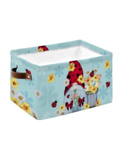 decorlovee spring teal floral storage basket waterproof cube storage bin organizer with handles, ladybug gnomes summer bright daisy collapsible storage cubes bins for clothes books toys 15"x11"x9.5"