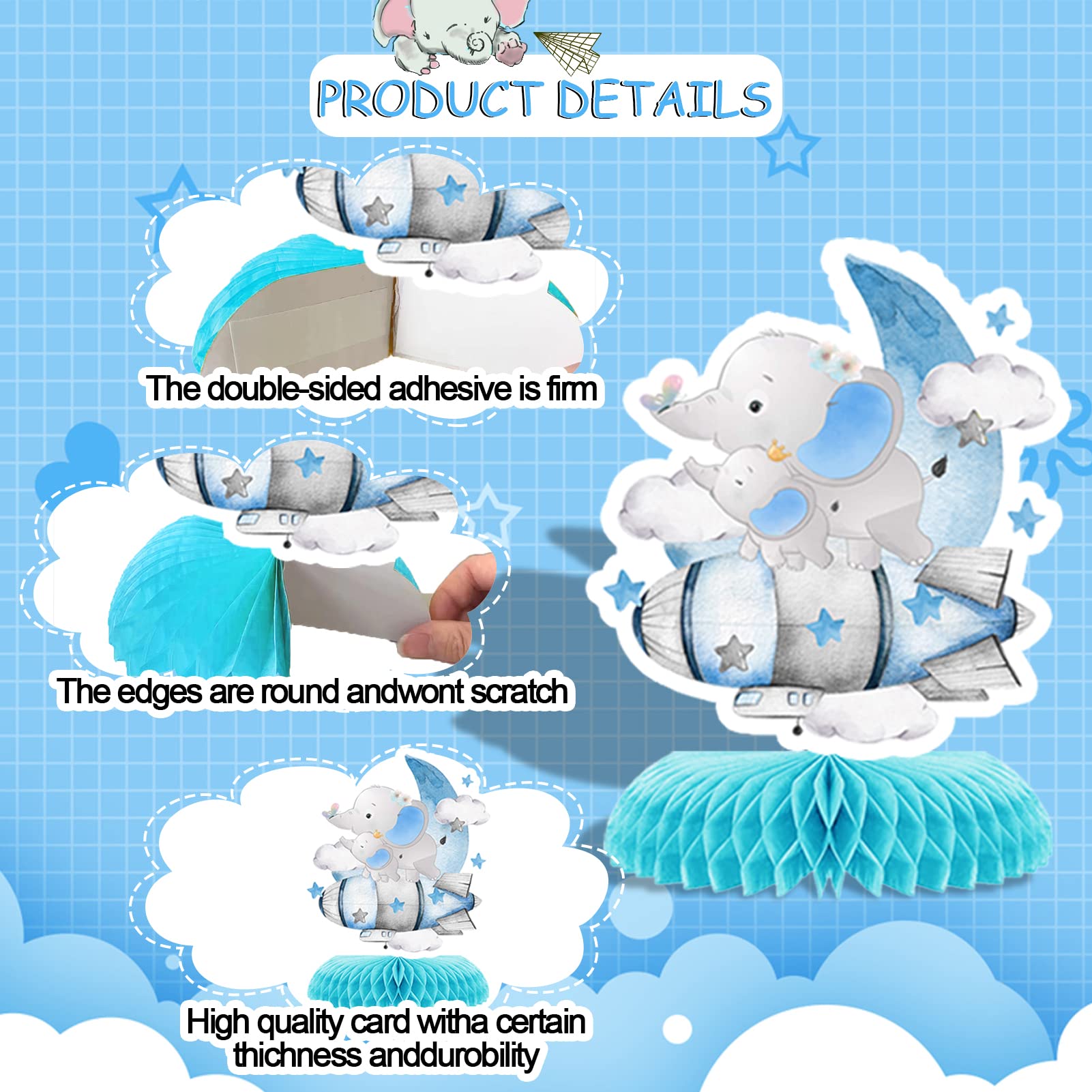 9 Pcs Elephant Baby Shower Honeycomb Centerpieces Party Decor for Boys,Cute Blue Elephant Honeycomb Balloons Star Moon Topper 3D Table Decoration for Kids Party Baby Shower Party Photo Props Supplies