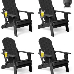 Folding Adirondack Chairs Set of 4, All Weather Resistant Plastic Chairs with Cup Holder, Fold or Unfold Easily in 1 Second, Outdoor Chairs for Patio, Garden, Backyard Deck, Lawn Fire Pi t- Black