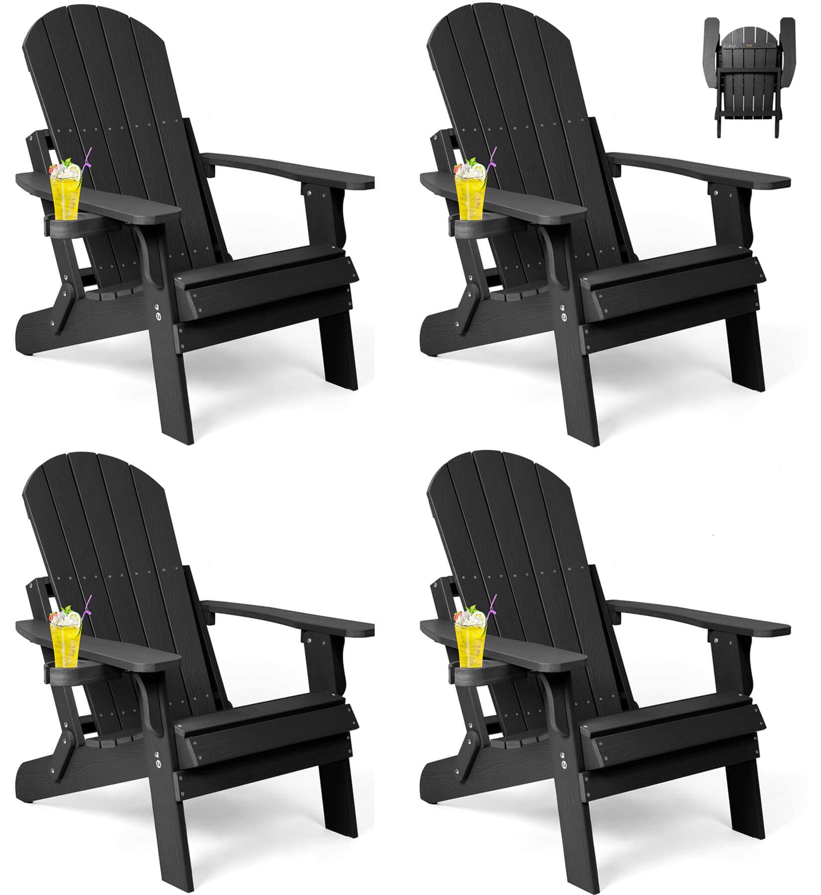 Folding Adirondack Chairs Set of 4, All Weather Resistant Plastic Chairs with Cup Holder, Fold or Unfold Easily in 1 Second, Outdoor Chairs for Patio, Garden, Backyard Deck, Lawn Fire Pi t- Black